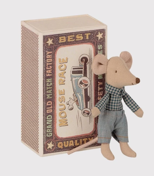 Maileg Blue Check Shirt and Blue Shorts Little Brother Mouse In a Matchbox