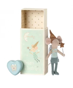 Maileg Big Brother Mouse Tooth Fairy In A Matchbox with Metal Heart Shaped Tooth Box-blue