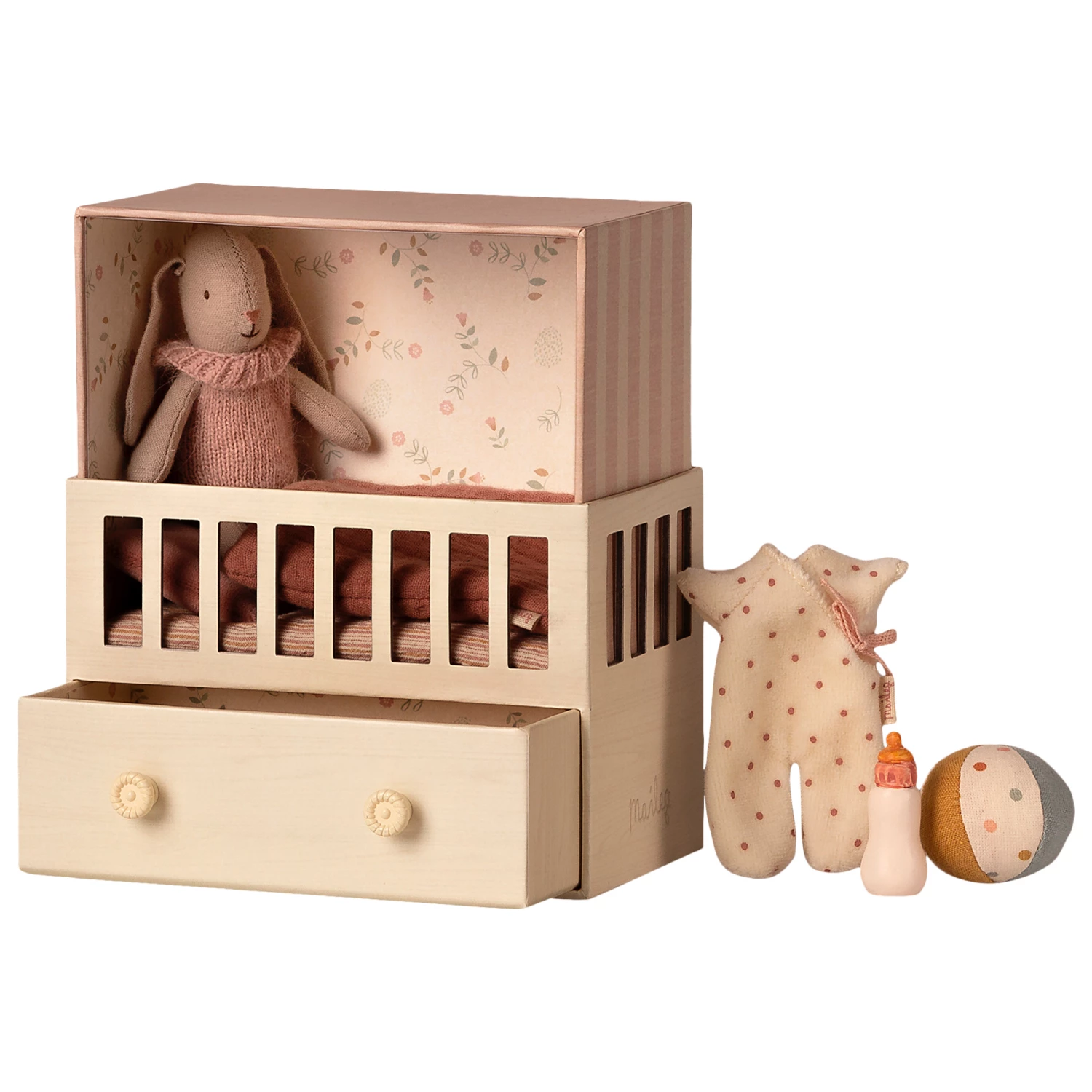 Maileg Baby Room Set with Micro Bunny - Rose Pink