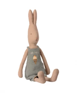 Maileg Size 4 Rabbit in Short Pale Teal Dungarees