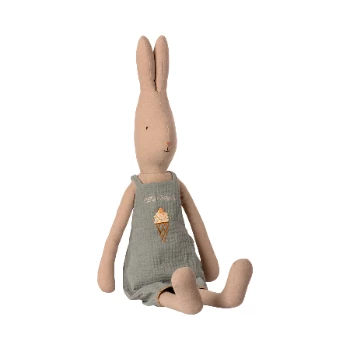 Maileg Size 4 Rabbit in Short Pale Teal Dungarees