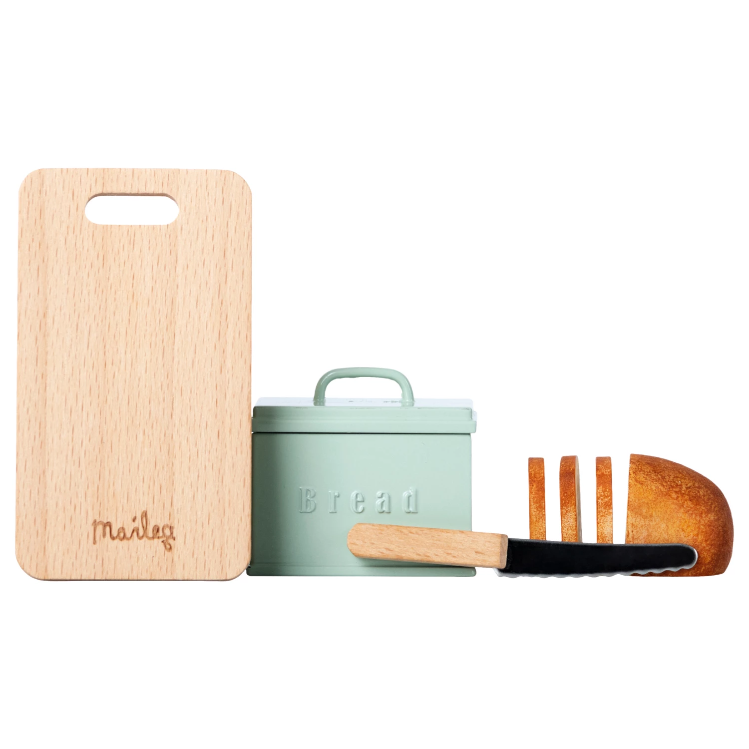 Maileg Miniature Bread Box, Cutting Board and Knife - Mint