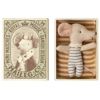 Maileg Blue and White Striped Sleepy and Wakey Mouse in Matchbox Toy