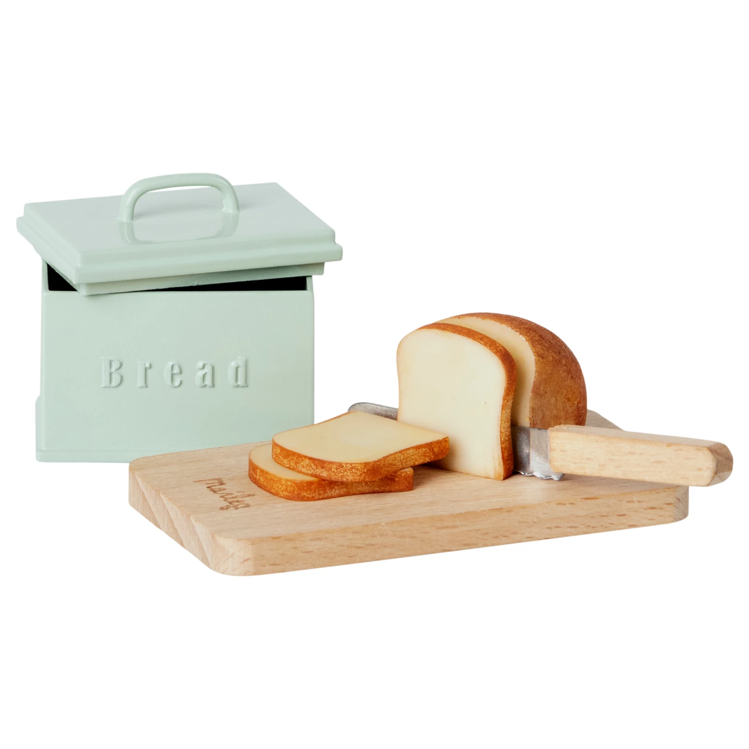 Maileg Miniature Bread Box, Cutting Board and Knife - Mint