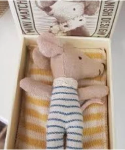 Maileg Blue and White Striped Sleepy and Wakey Mouse in Matchbox Toy
