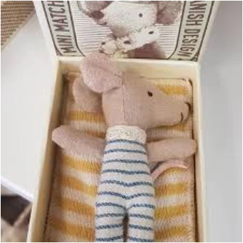 Maileg Blue and White Striped Sleepy and Wakey Mouse in Matchbox Toy