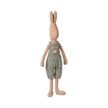 Maileg Size 4 Rabbit in Short Pale Teal Dungarees